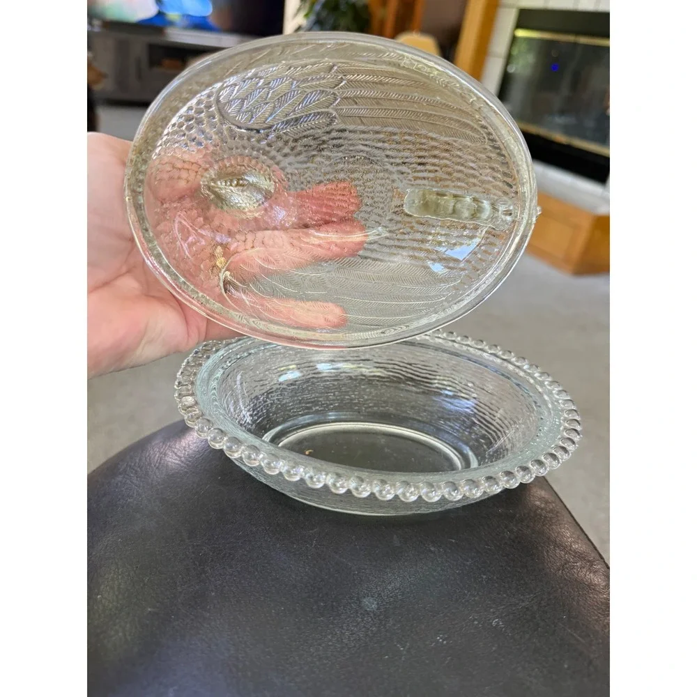 Vintage Indiana clear Glass Hen on Nest Covered Dish Beaded Rim Farmhouse